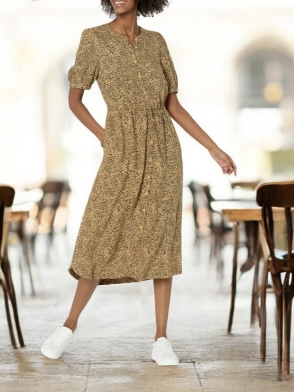 #K117 Amazon Essentials Women’s Mustard Floral Midi Dress - Casual Puff Sleeve